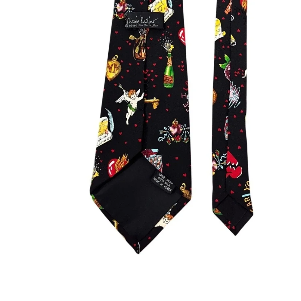 Nicole Miller Silk‎ Tie Mens OS Black 1994 Vintage Love Letters Hearts Valentine